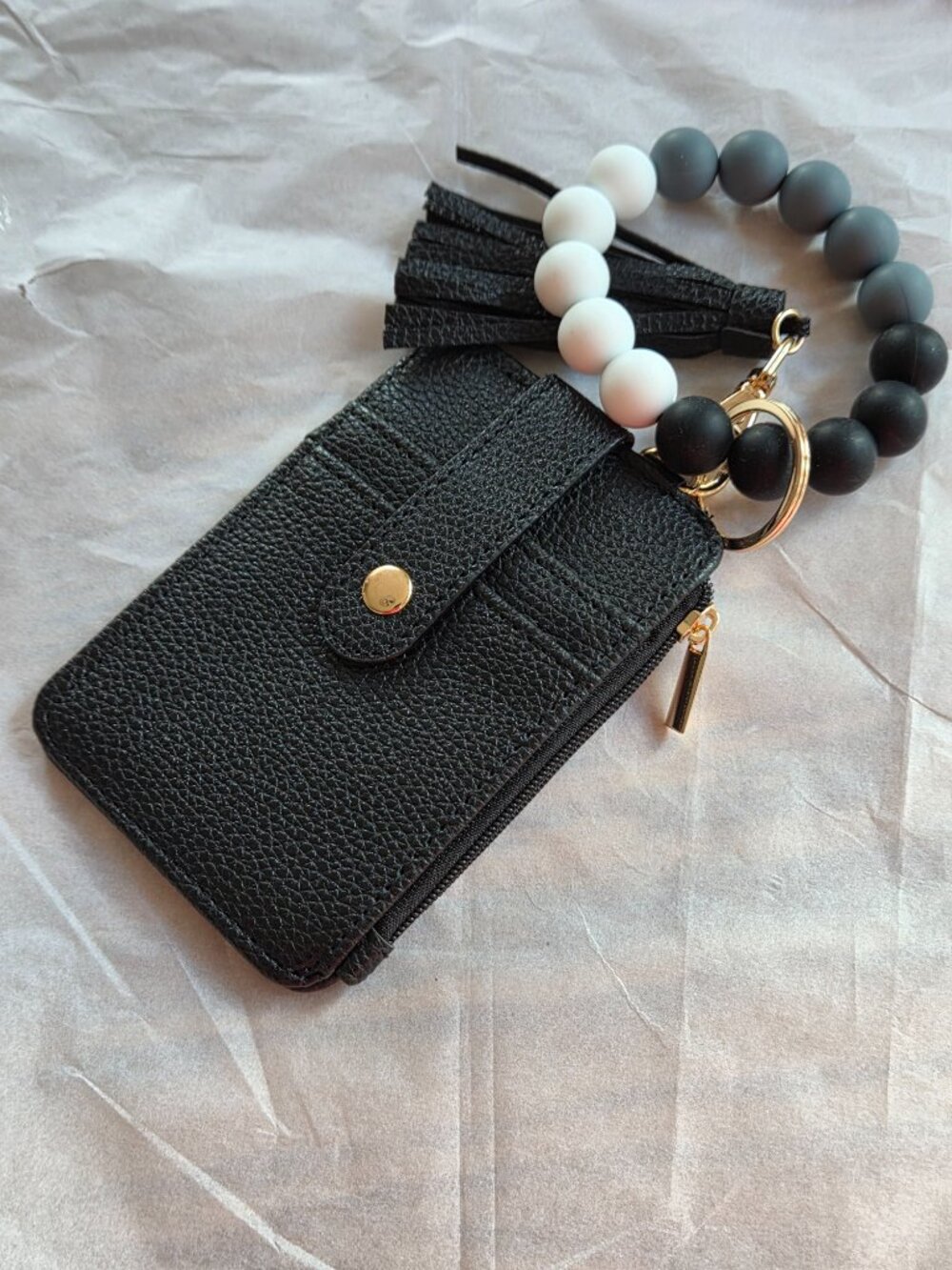 Black Keychain Wallet Card ID Holder Tassel + Gray White Black Beaded Bracelet